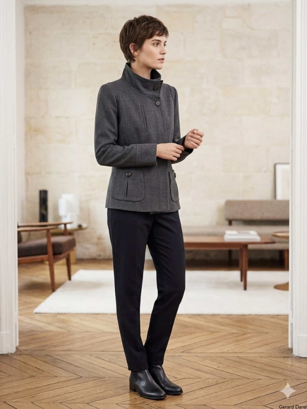 Gerard Darel Grey Wool-Blend Short Funnel Neck Pea Coat Jacket